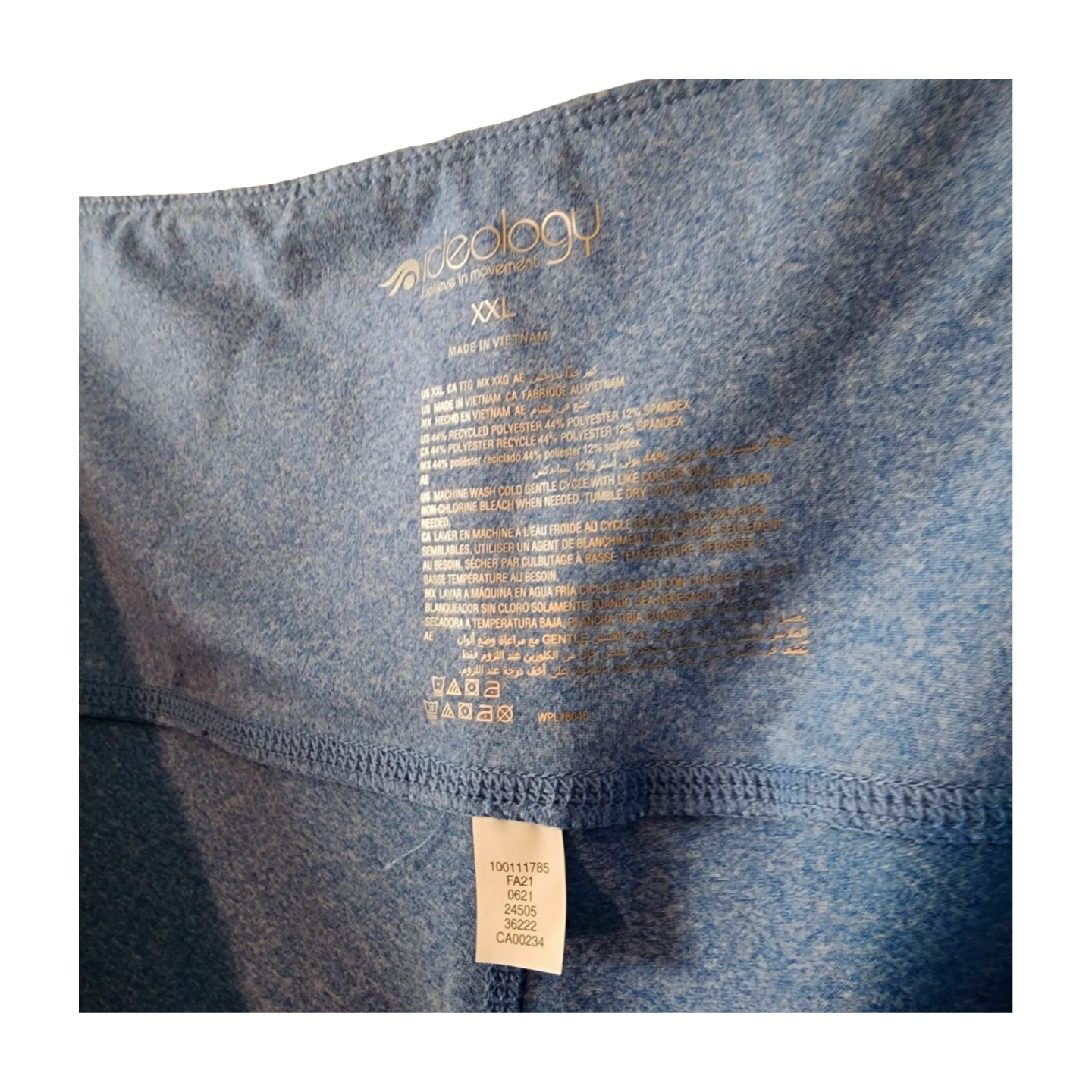Ideology leggings light blue with white speckles.