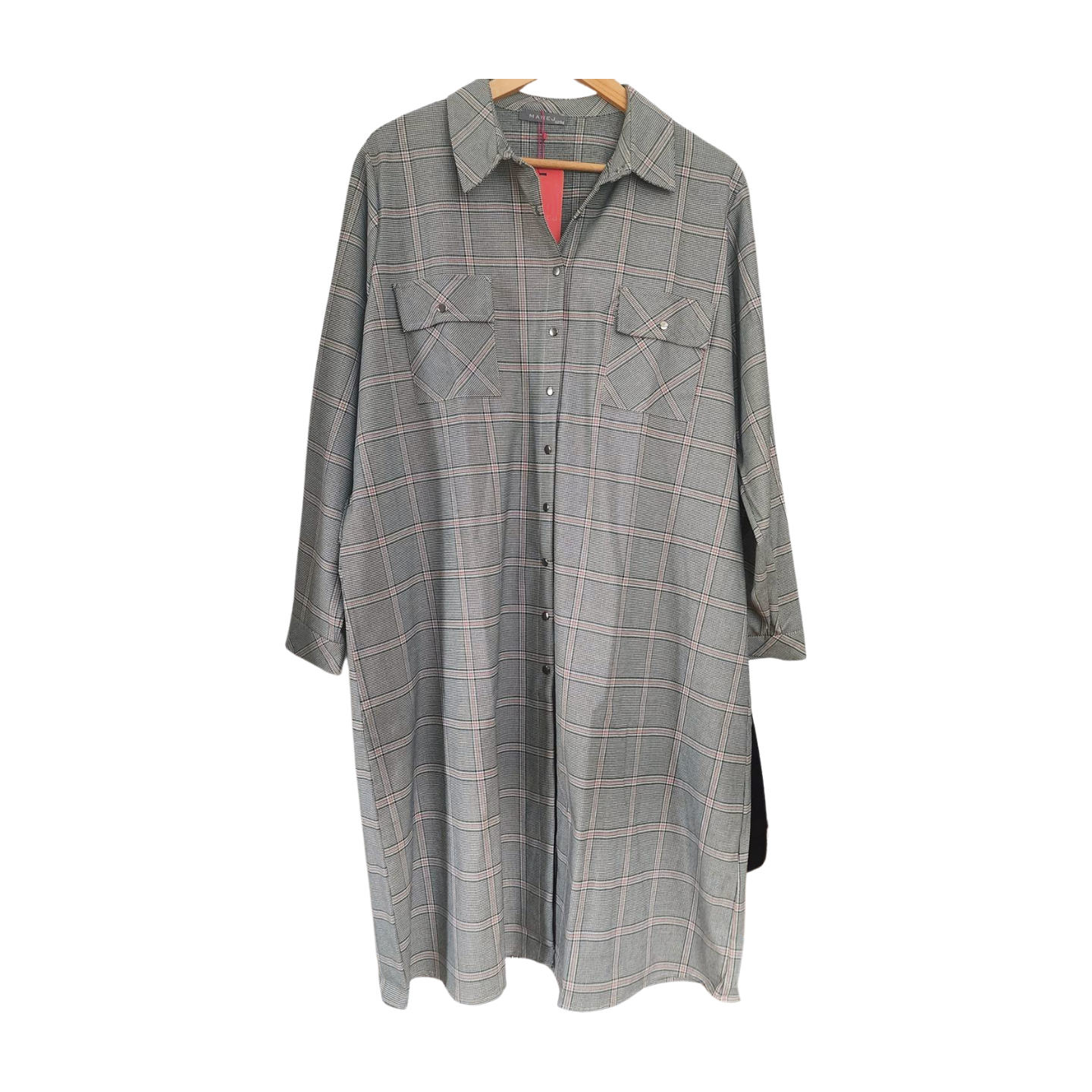 Grey, pink & cream plaid shirt dress and long sleeves with snaps.