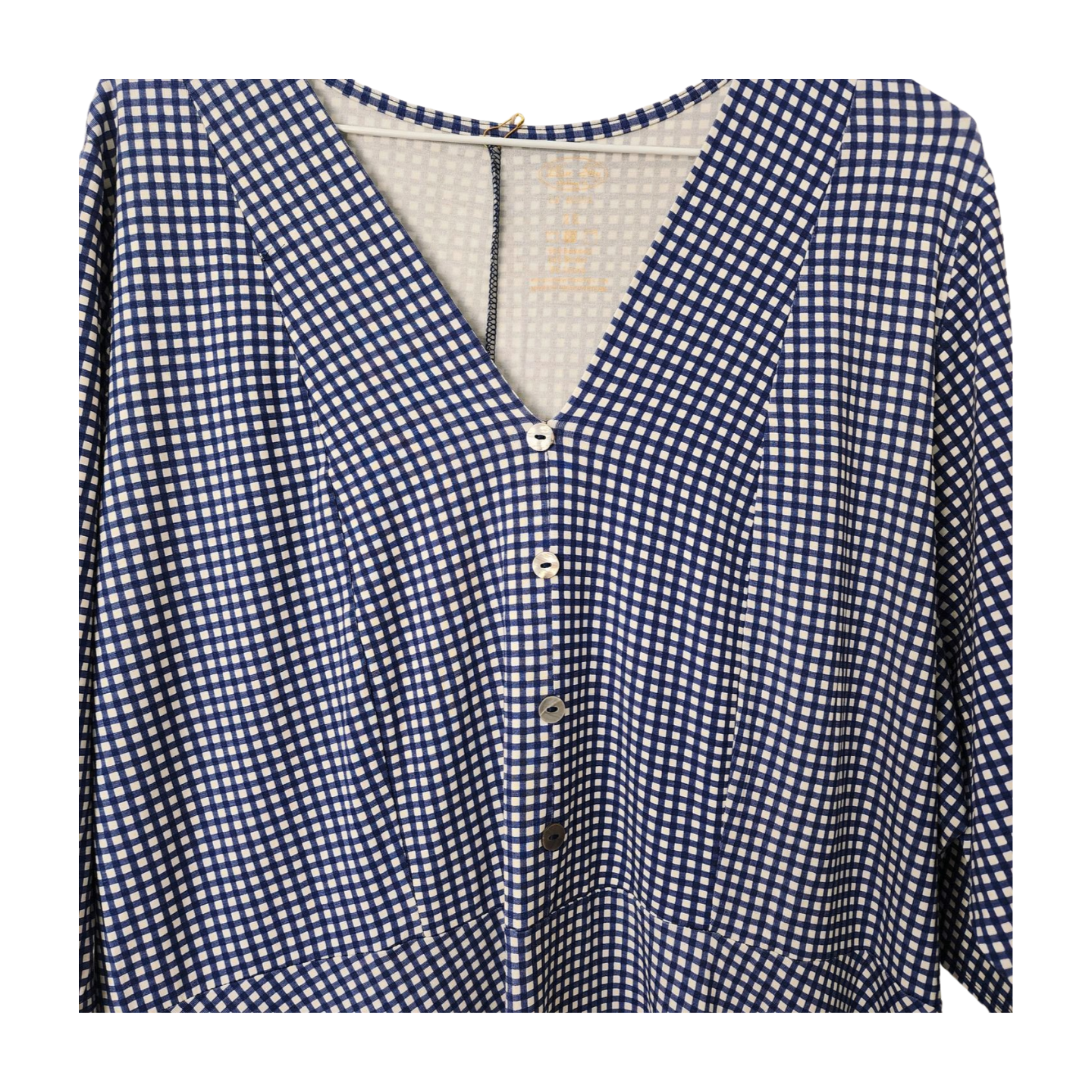 Blue Sky Blue & White Gingham Dress Knee Length, V-neck and 3/4 Sleeves.