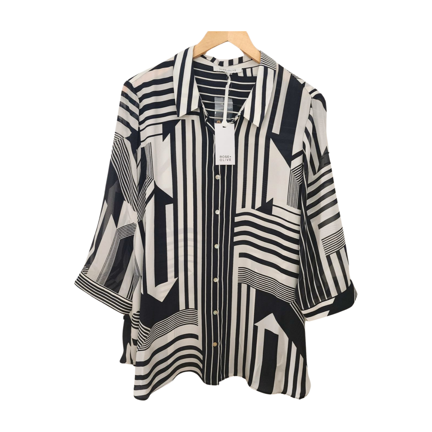 Rose + Olive Black & White Geometric Patterned Sheer Blouse