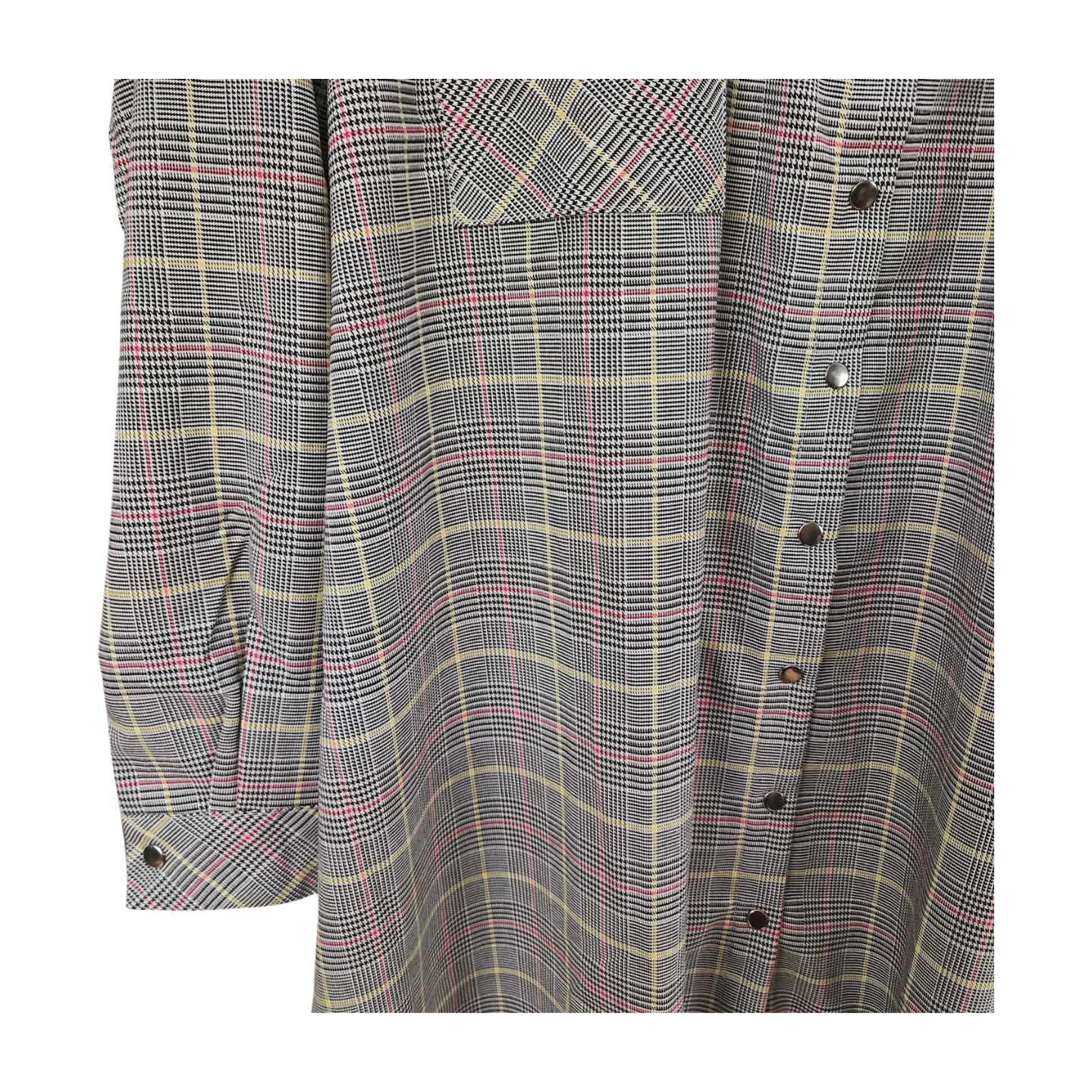 Grey, pink & yellow plaid shirt dress and long sleeves with snaps.