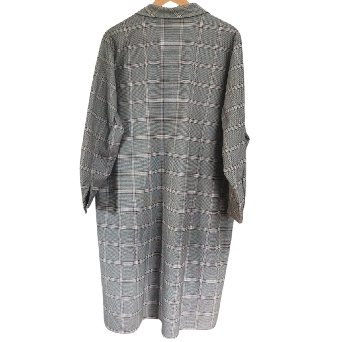 Grey, pink & cream plaid shirt dress and long sleeves with snaps.