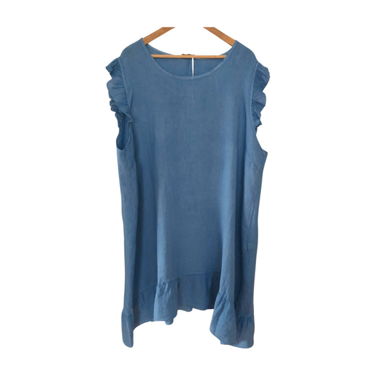 Bellambia Plus-size Blue Linen Dress. Ruffle Cap Sleeves and Ruffle hem